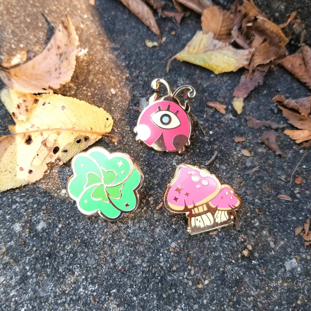 Witch's Garden Enamel Pin Set: Lucky Clover, Mushroom, Bug - Gold Plated