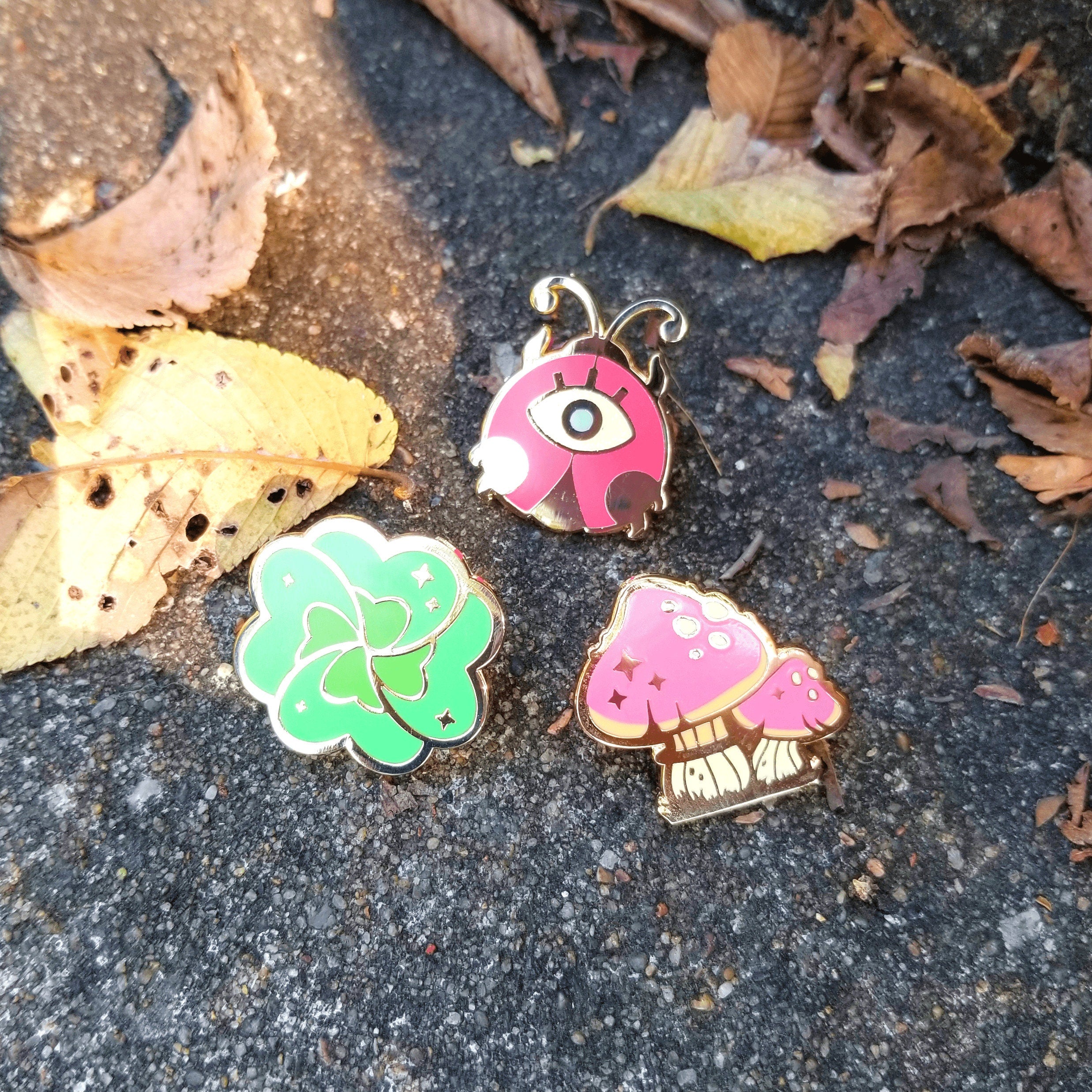 Witch's Garden Enamel Pin Set: Lucky Clover, Mushroom, Bug - Gold Plated