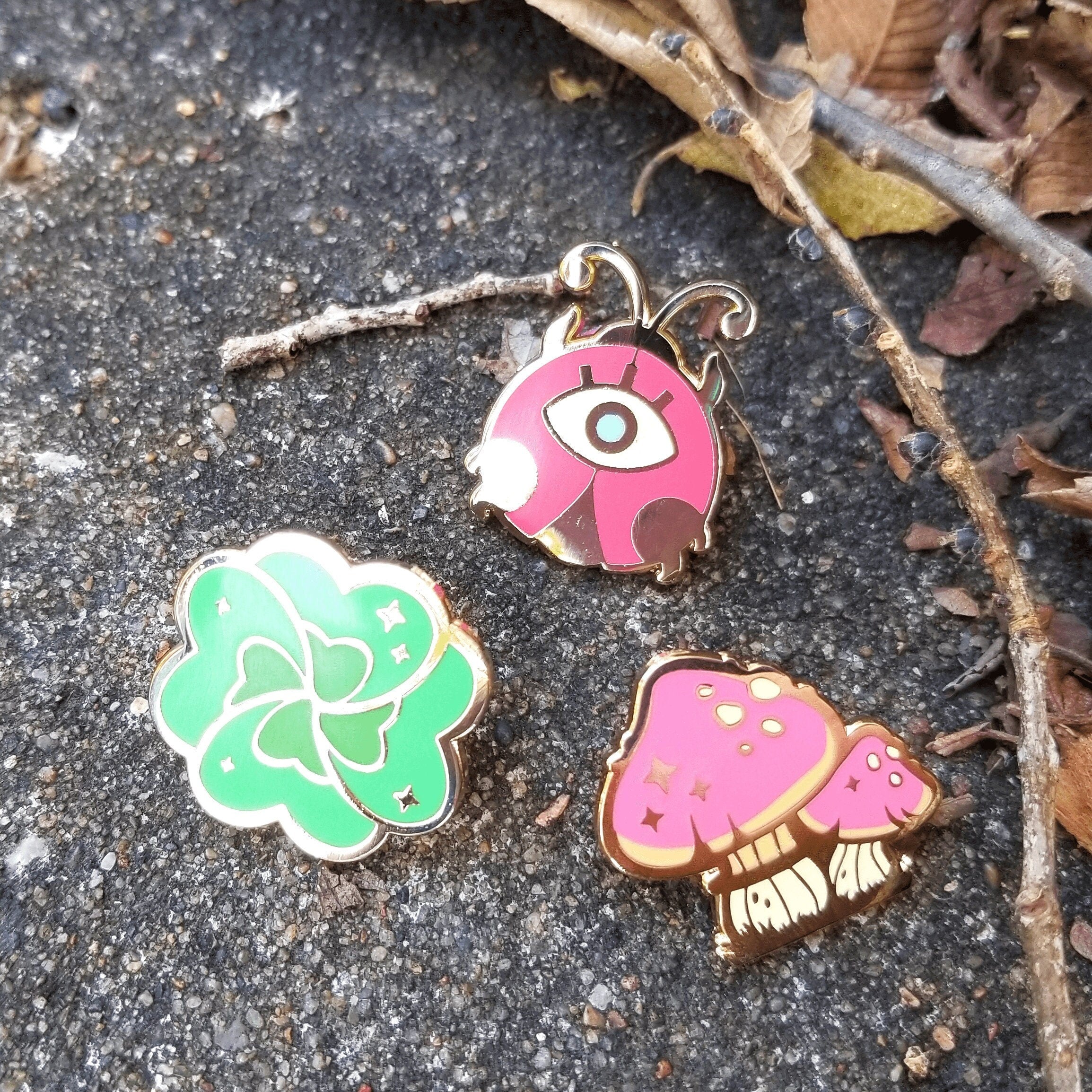 Witch's Garden Enamel Pin Set: Lucky Clover, Mushroom, Bug - Gold Plated