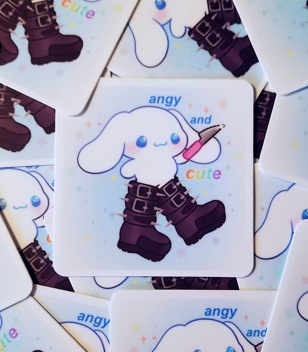 Angy Bunny Square Sticker - Kawaii Sticker - Square Sticker -  3in x 3in - Waterproof Sticker - Cute Bunny Sticker - Puppy Sticker