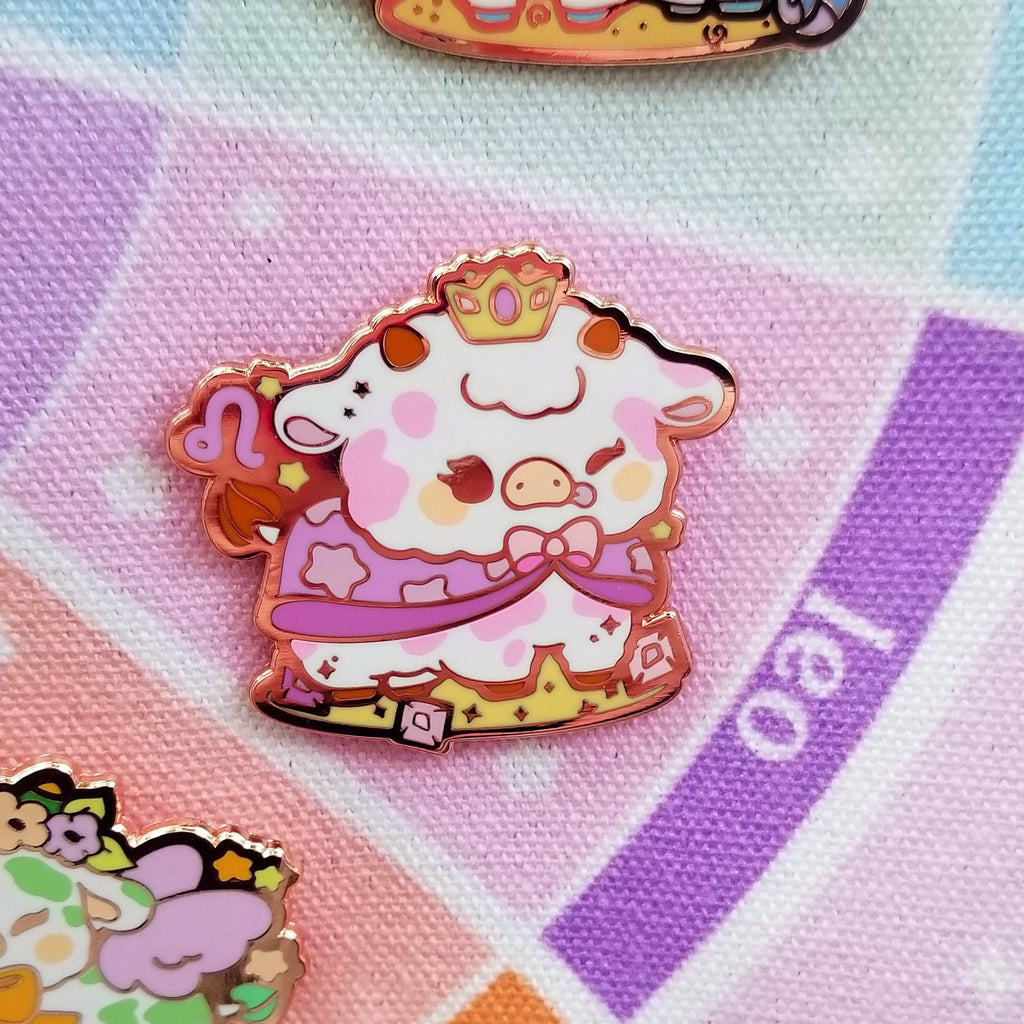 Leo Cow Enamel Pin: Rose Gold Astrology Pin