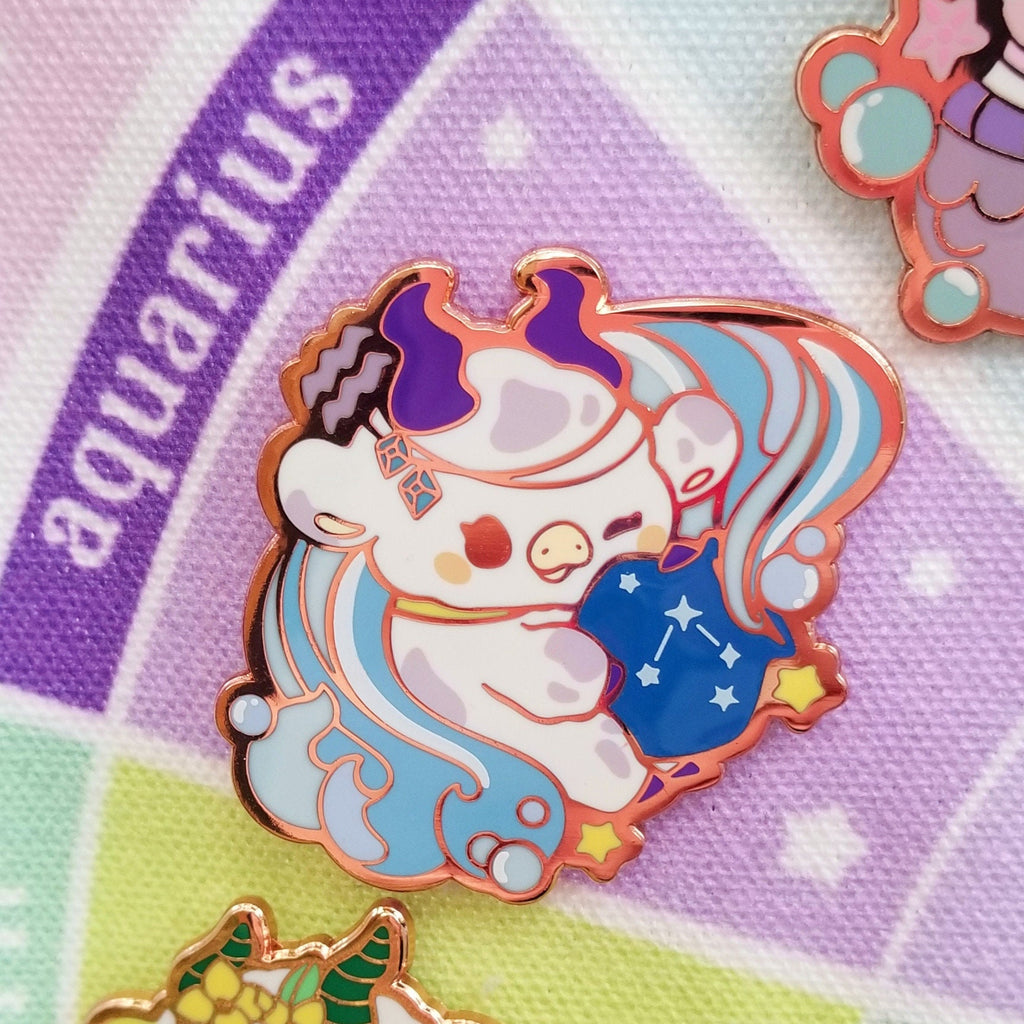 Aquarius Cow Enamel Pin – Rose Gold Astrology Zodiac Pin