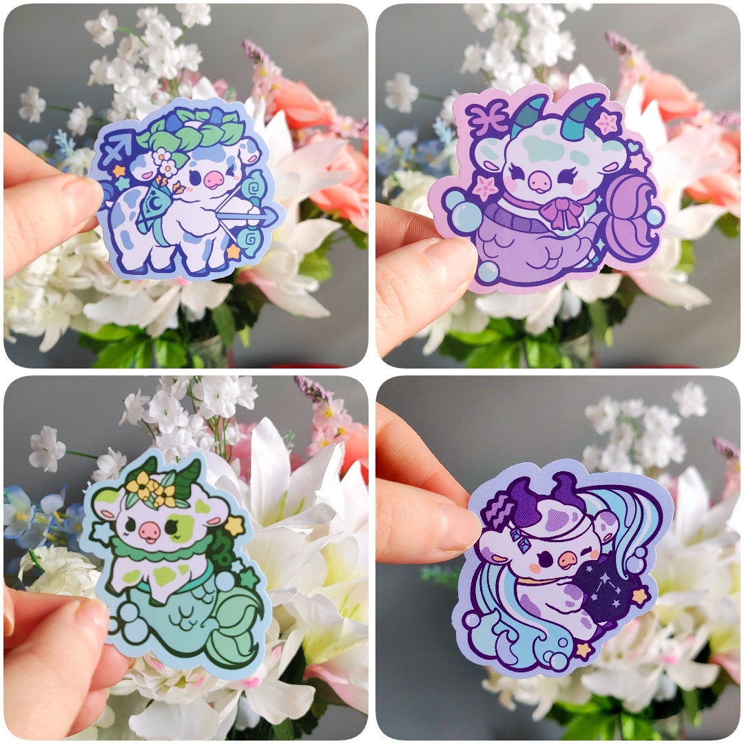 Kawaii Cow Stickers: Astrological Zodiac Vinyl Decals (3in x 3in)