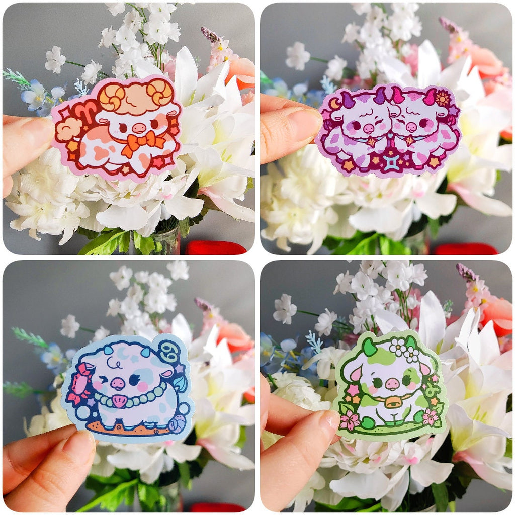 Kawaii Cow Stickers: Astrological Zodiac Vinyl Decals (3in x 3in)