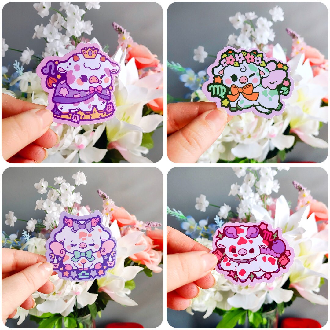 Kawaii Cow Stickers: Astrological Zodiac Vinyl Decals (3in x 3in)