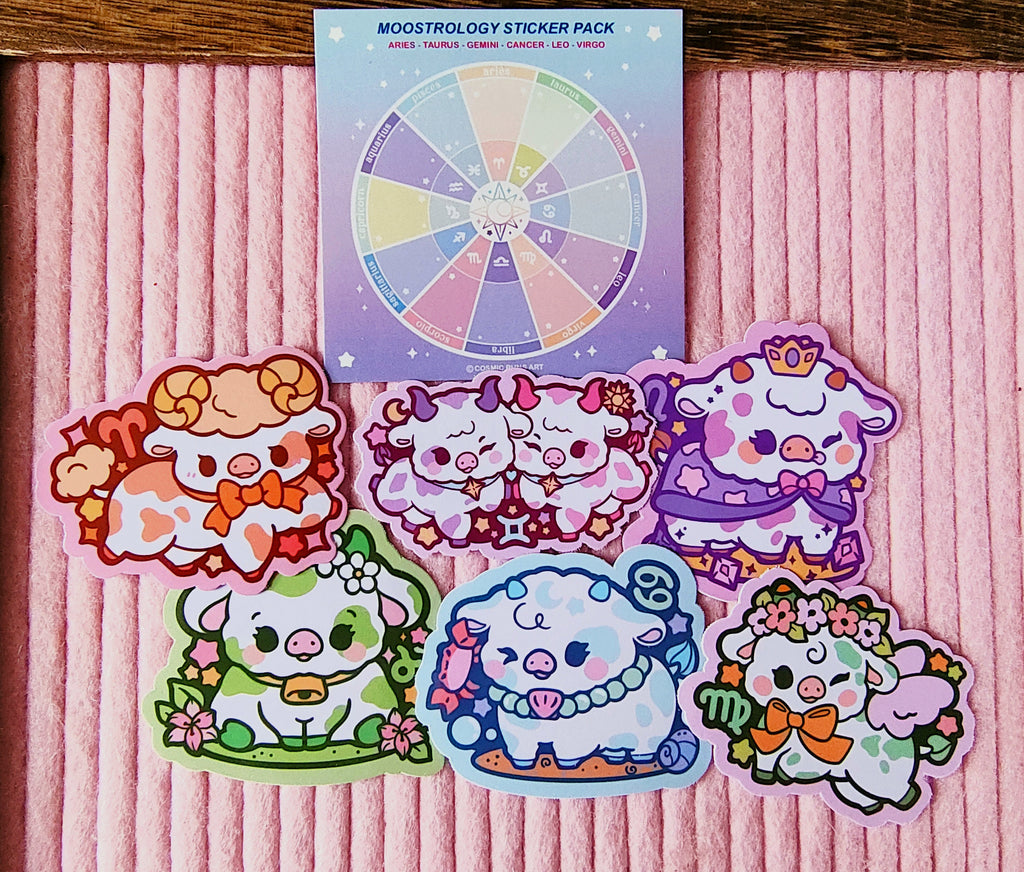 Kawaii Cow Stickers: Astrological Zodiac Vinyl Decals (3in x 3in)