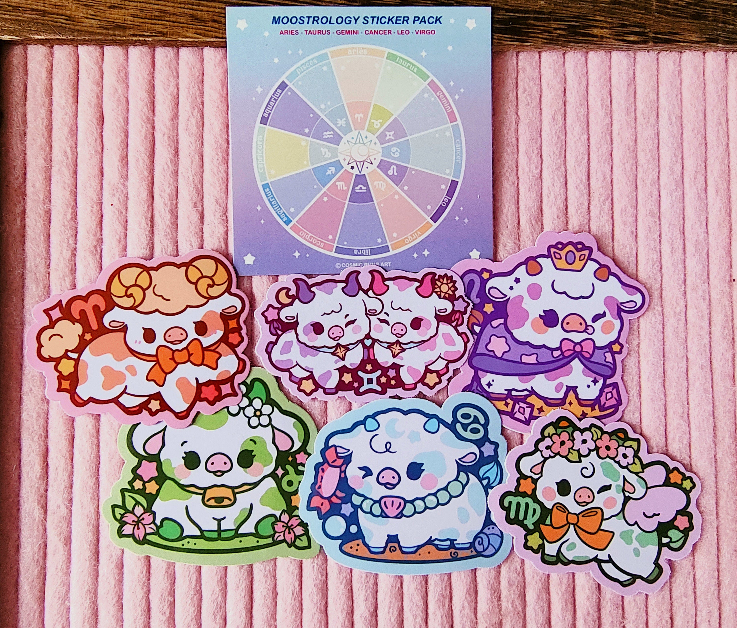 Kawaii Cow Stickers: Astrological Zodiac Vinyl Decals (3in x 3in)
