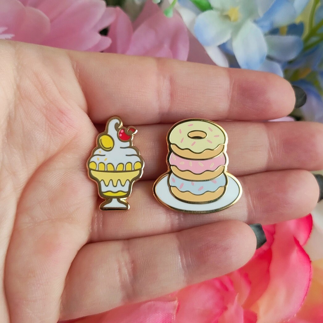Kitschy Food Enamel Pin Set: Kawaii Cake, Fries, Soda - 1 Inch