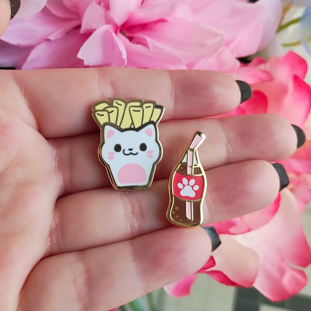Kitschy Food Enamel Pin Set: Kawaii Cake, Fries, Soda - 1 Inch