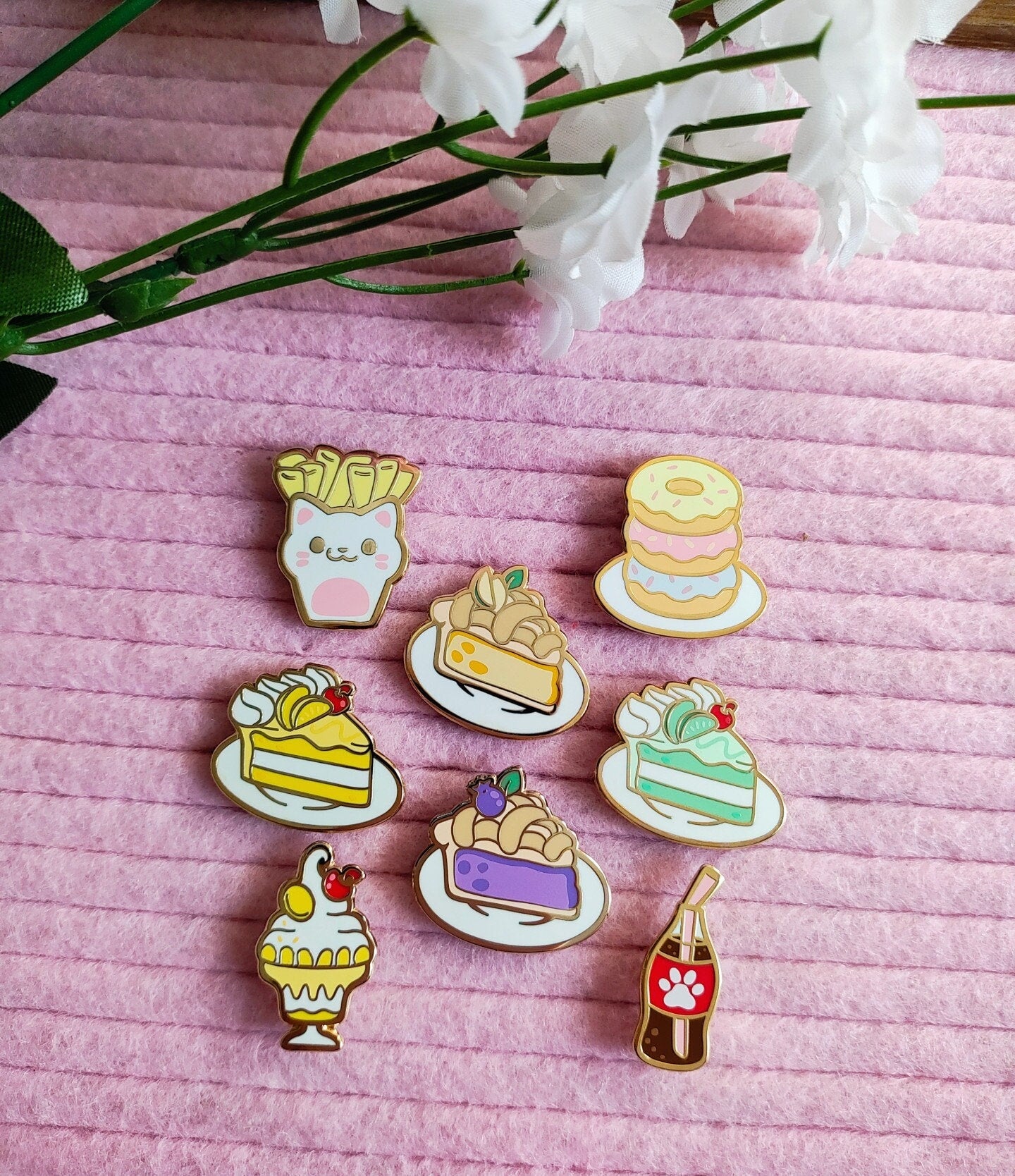 Kitschy Food Enamel Pin Set: Kawaii Cake, Fries, Soda - 1 Inch