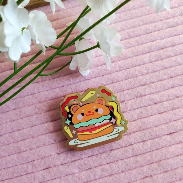 Angry Bear Burger Enamel Pin - Cosmic Buns Art