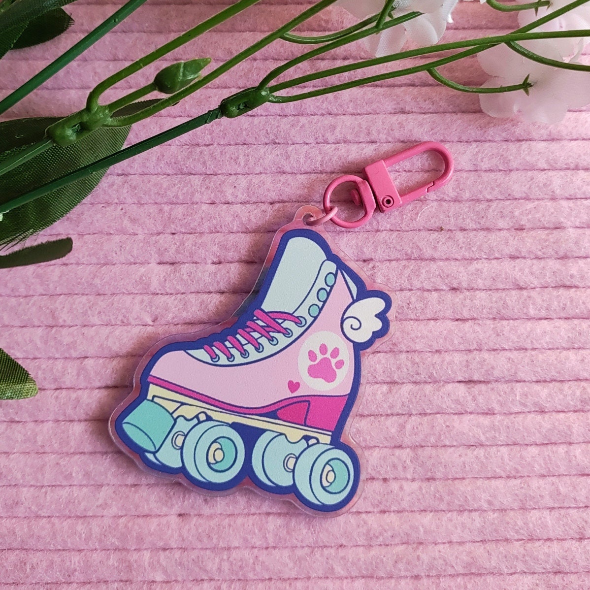 Retro Rollerskate Holographic Keychain: Cosmic Buns Art, Acrylic Tag
