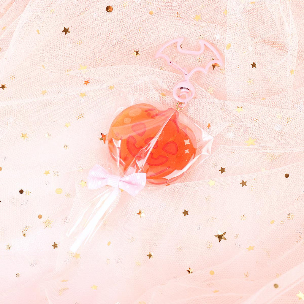 Glitter Acrylic Pumpkin Lollipop Keychain: Halloween Bat Clasp