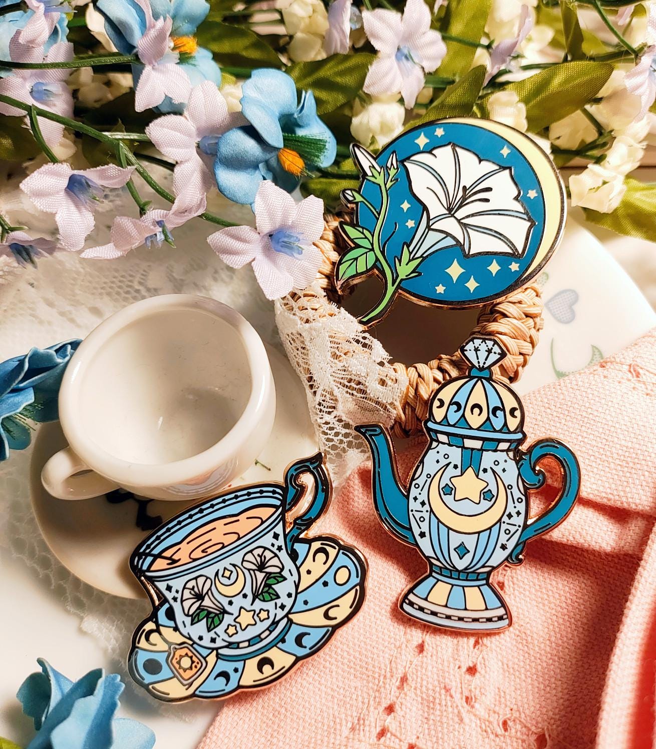 Enchanted Evening Tea Enamel Pin Set | Celestial Tea Cups | Moon & Stars Pins | Gold Plated