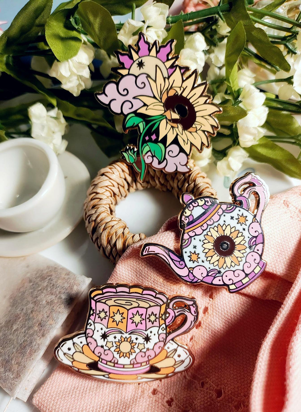 Enchanted Evening Tea Enamel Pin Set | Sun Tea & Sunflowers