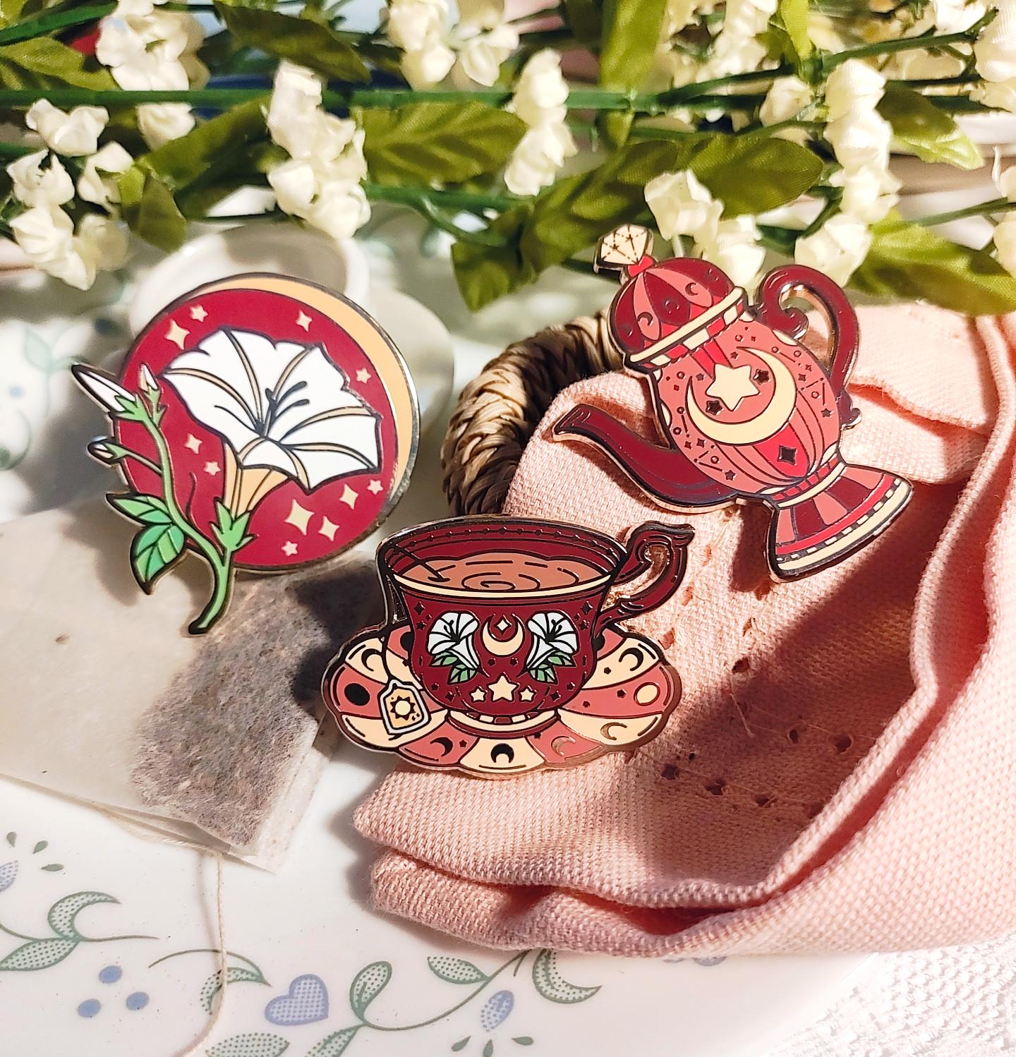 Enchanted Evening Tea Enamel Pin Set | Moon Tea and Lillies