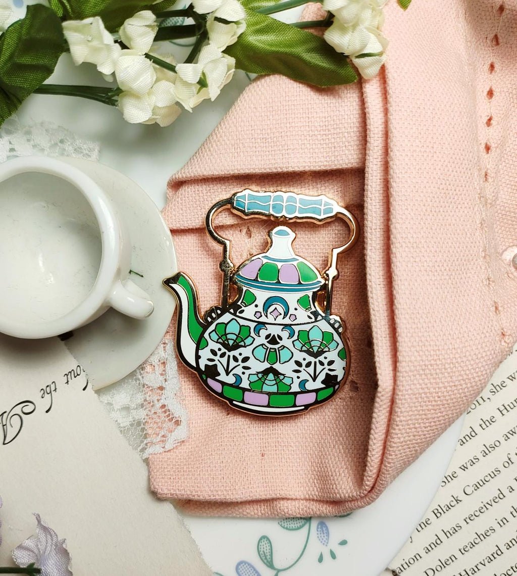 Enchanted Evening Tea Enamel Pin Set | Plum & Green Lotus Kettle and Teacup
