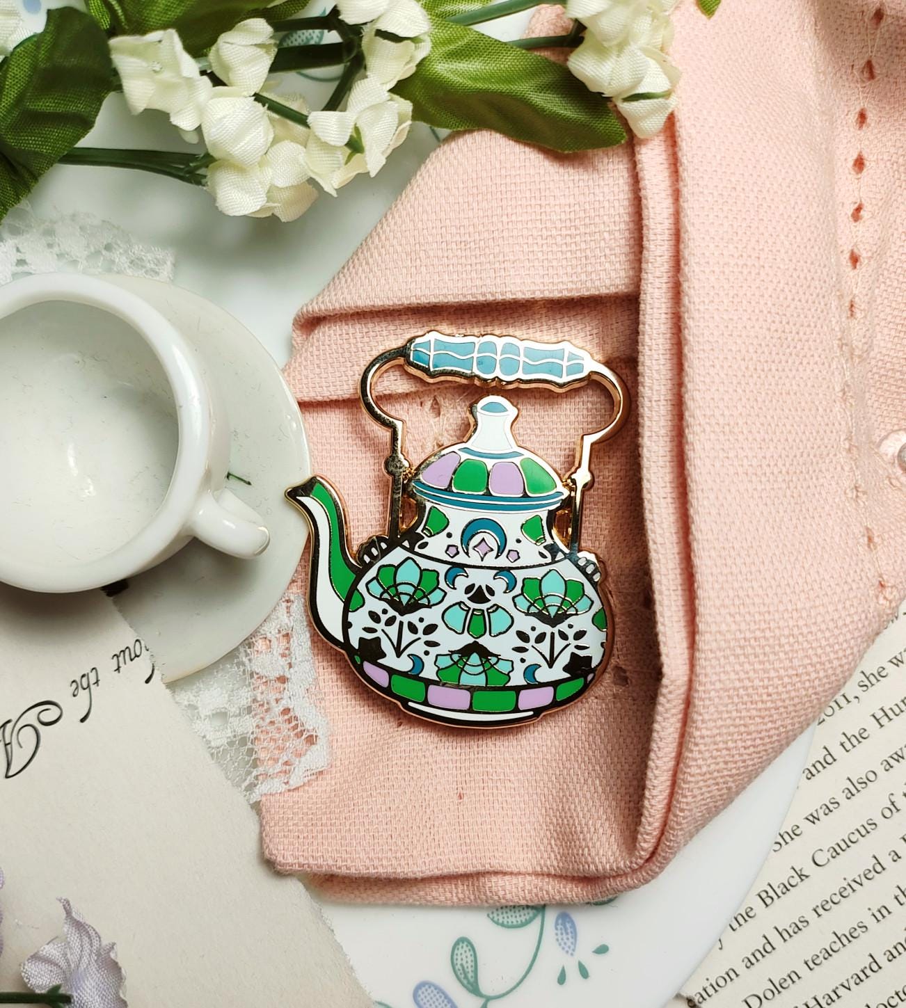 Enchanted Evening Tea Enamel Pin Set | Plum & Green Lotus Kettle and Teacup