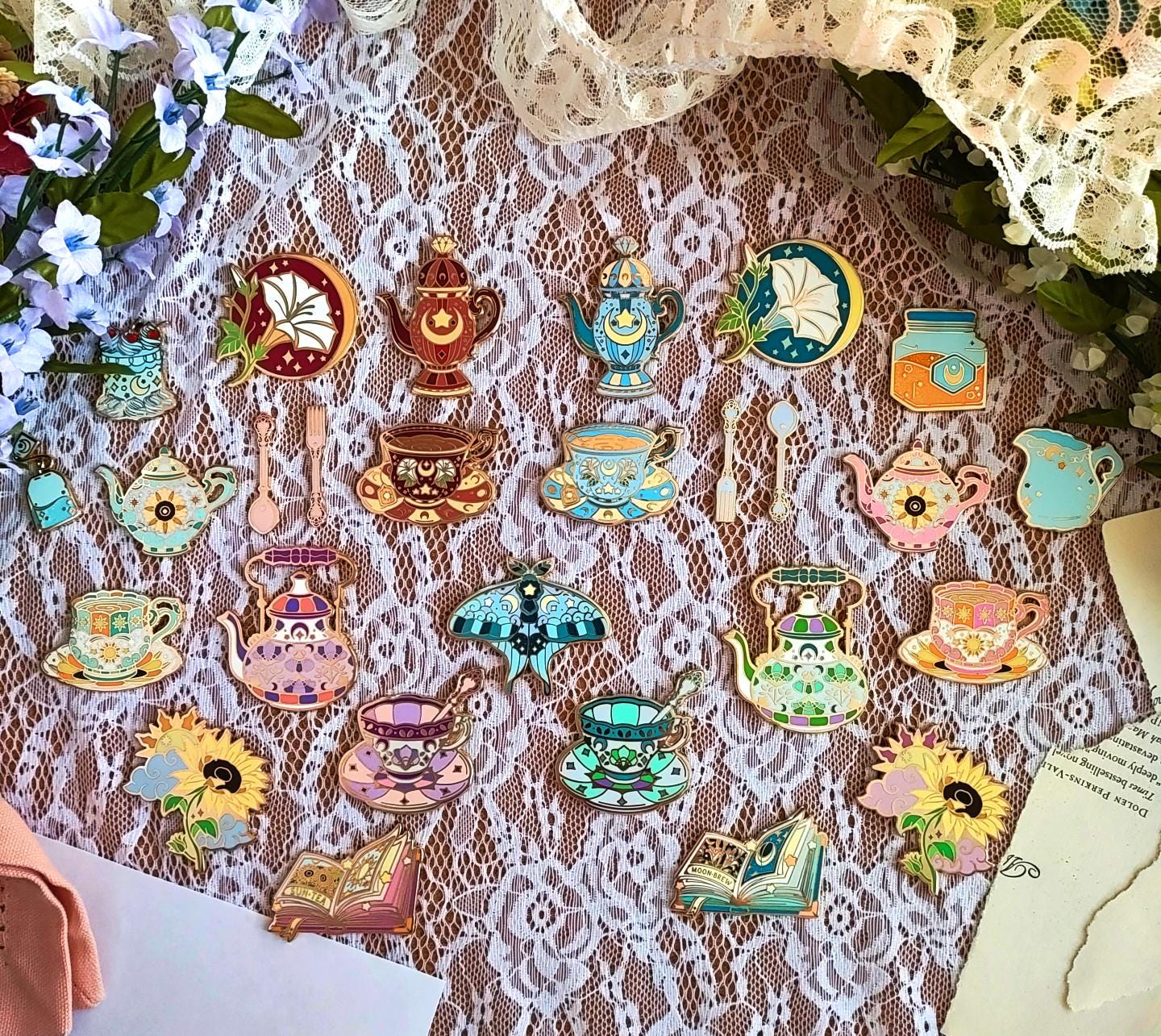 Enchanted Evening Tea Enamel Pin Set | Celestial Tea Cups | Moon & Stars Pins | Gold Plated
