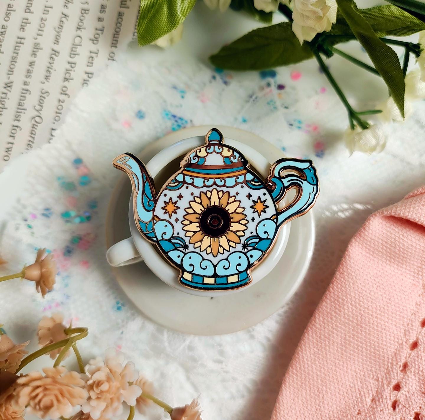 Enchanted Evening Tea Enamel Pin Set | Sun Tea & Sunflowers