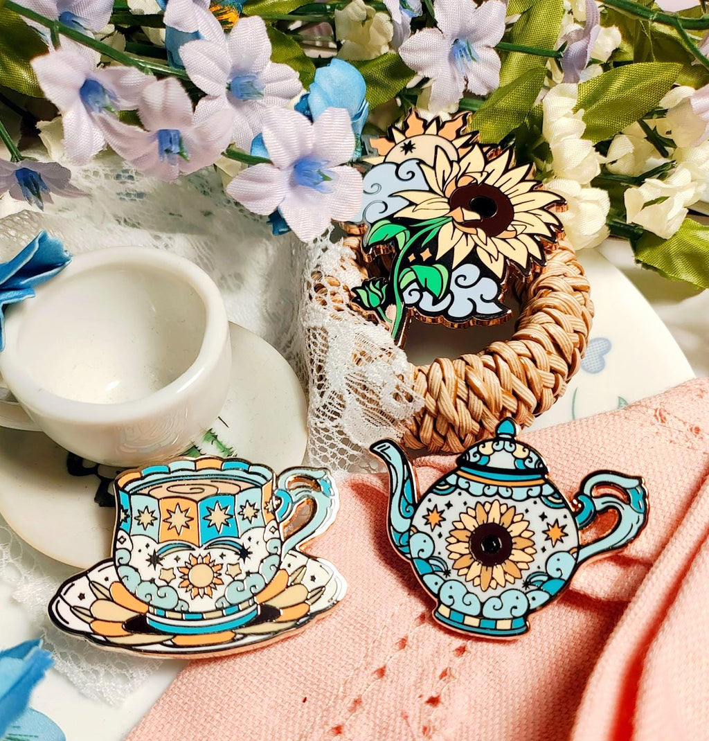 Enchanted Evening Tea Enamel Pin Set | Celestial Tea Cups | Moon & Stars Pins | Gold Plated