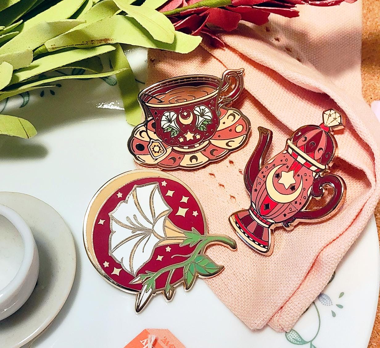 Enchanted Evening Tea Enamel Pin Set | Celestial Tea Cups | Moon & Stars Pins | Gold Plated