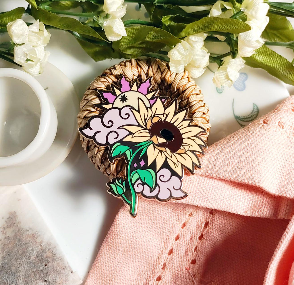 Enchanted Evening Tea Enamel Pin Set | Sun Tea & Sunflowers