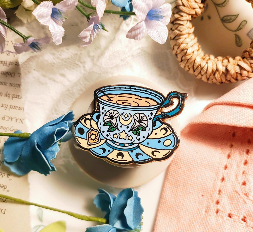 Enchanted Evening Tea Enamel Pin Set | Moon Tea and Lillies