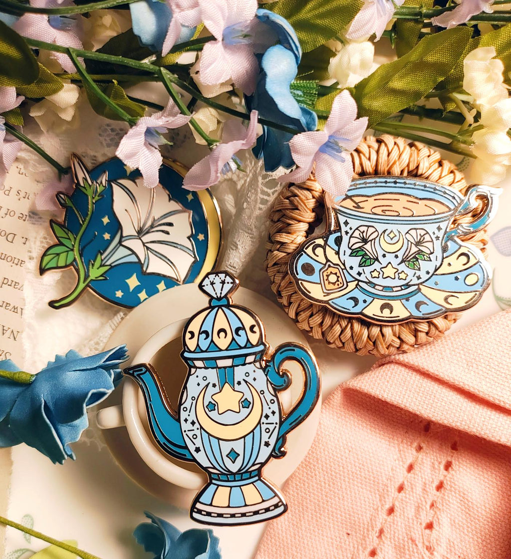 Enchanted Evening Tea Enamel Pin Set | Moon Tea and Lillies