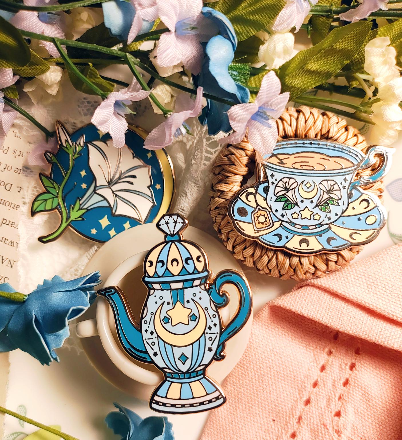 Enchanted Evening Tea Enamel Pin Set | Moon Tea and Lillies