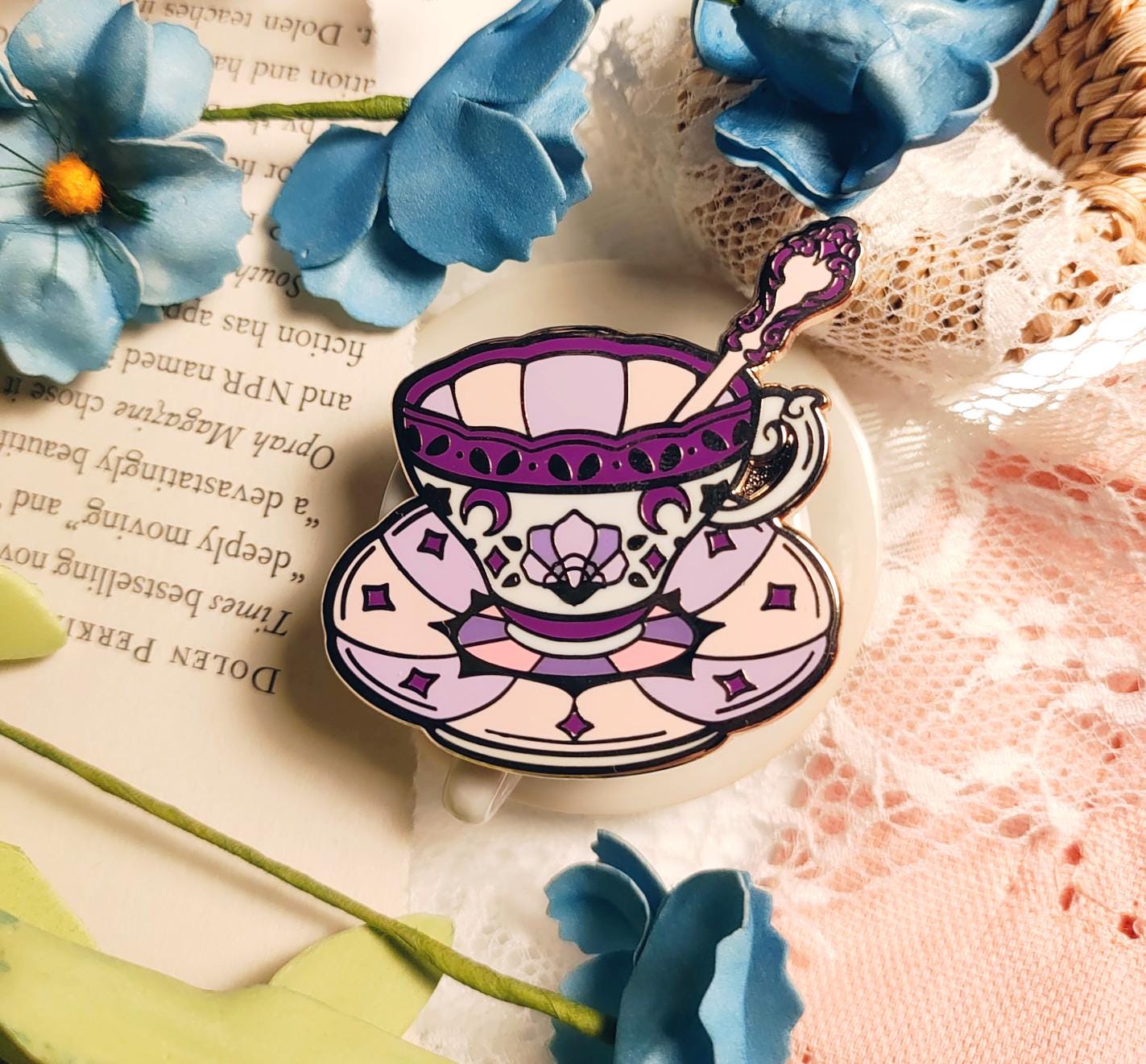 Enchanted Evening Tea Enamel Pin Set | Plum & Green Lotus Kettle and Teacup