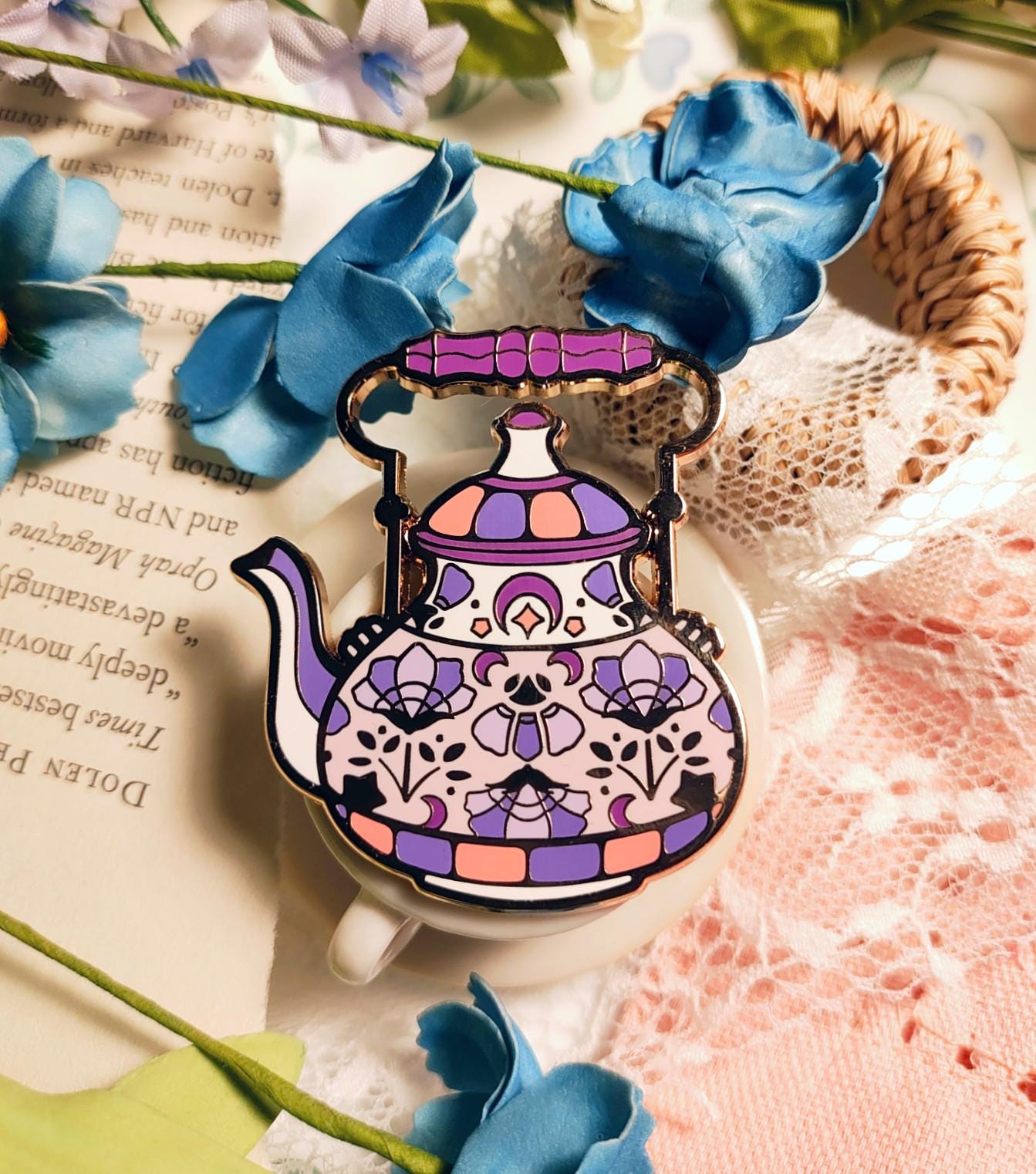 Enchanted Evening Tea Enamel Pin Set | Plum & Green Lotus Kettle and Teacup