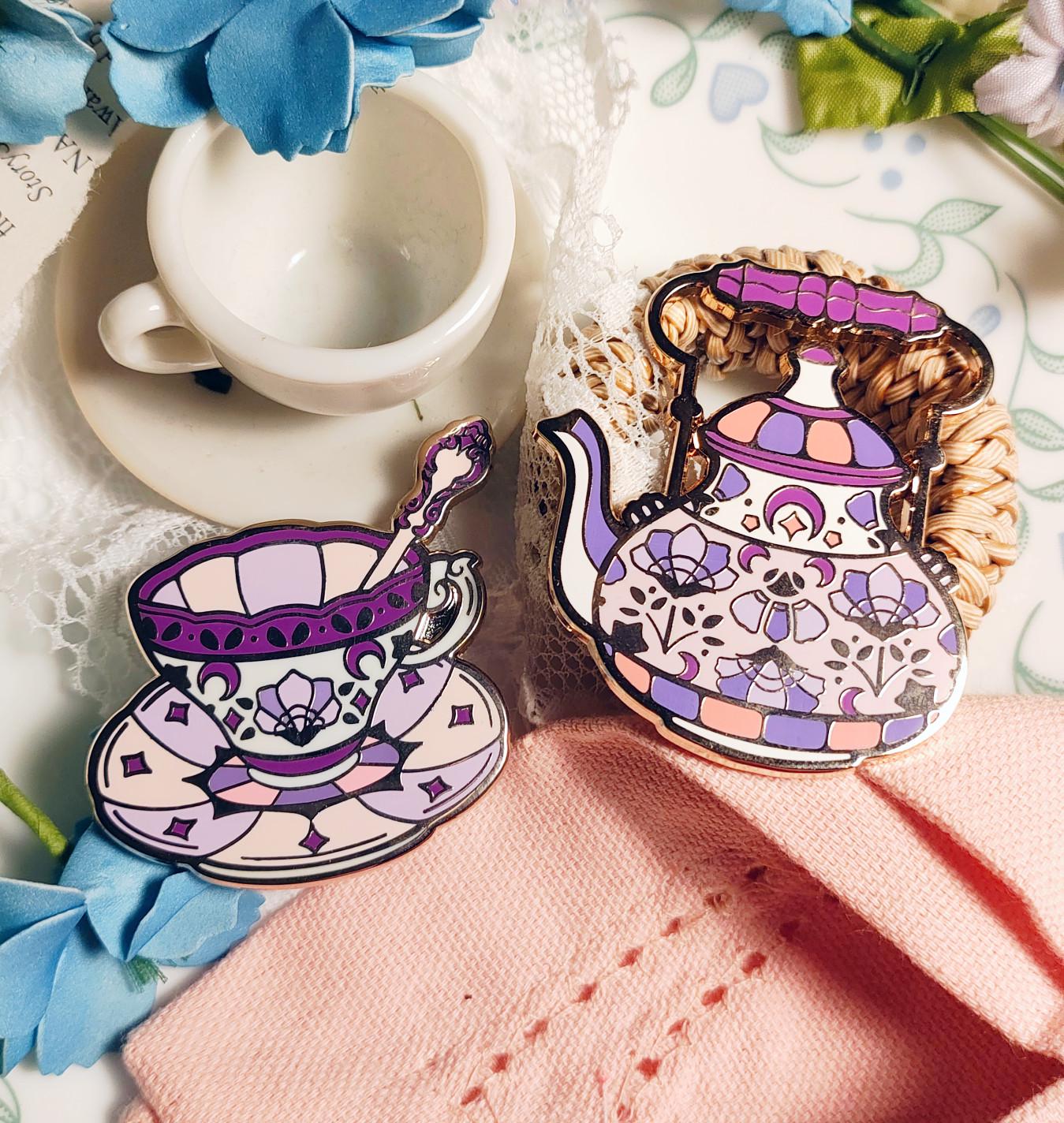 Enchanted Evening Tea Enamel Pin Set | Plum & Green Lotus Kettle and Teacup