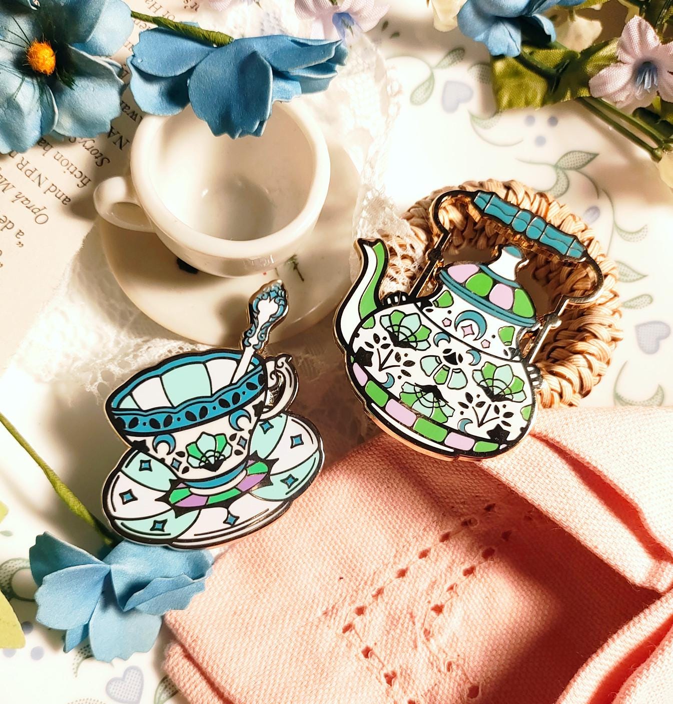 Enchanted Evening Tea Enamel Pin Set | Plum & Green Lotus Kettle and Teacup