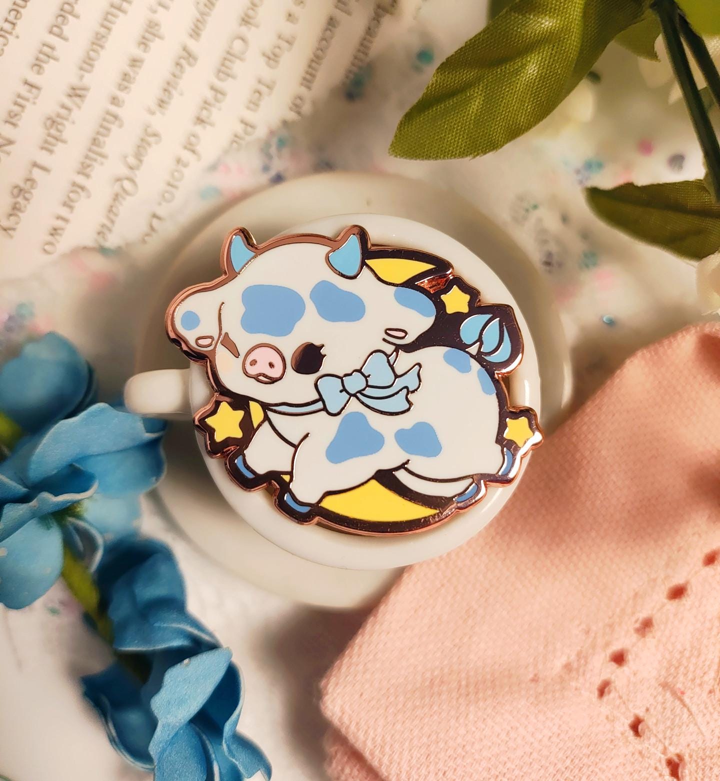 Enchanted Evening Tea Enamel Pin Set | Cow Jumped Over the Moon Rose Gold Plated