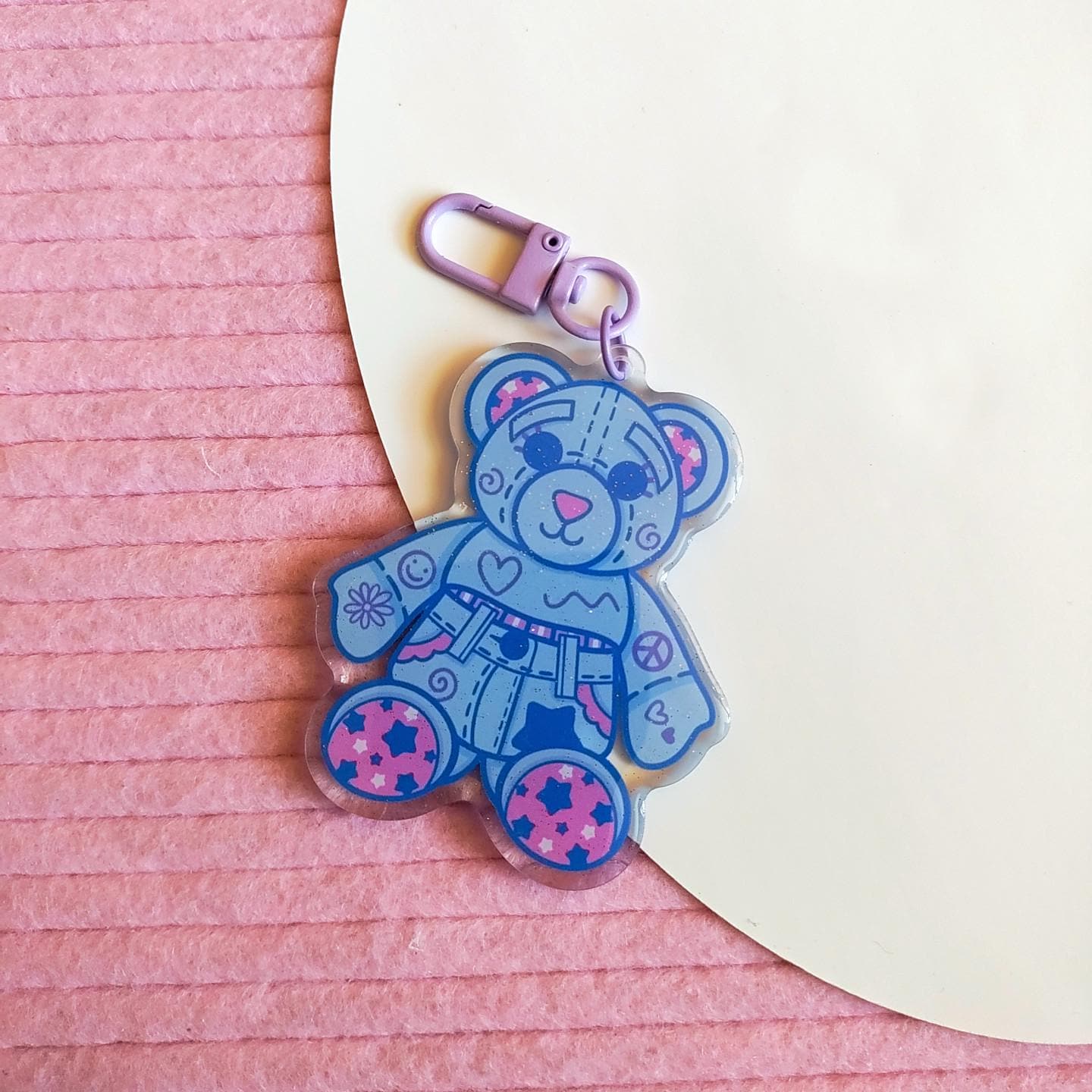 Blue Doodle Bear Acrylic Keychain | Glitter Epoxy Charm | Kawaii Ita Bag Accessory