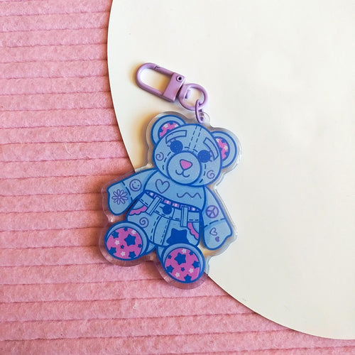 Blue Doodle Bear Acrylic Keychain | Glitter Epoxy Charm | Kawaii Ita Bag Accessory