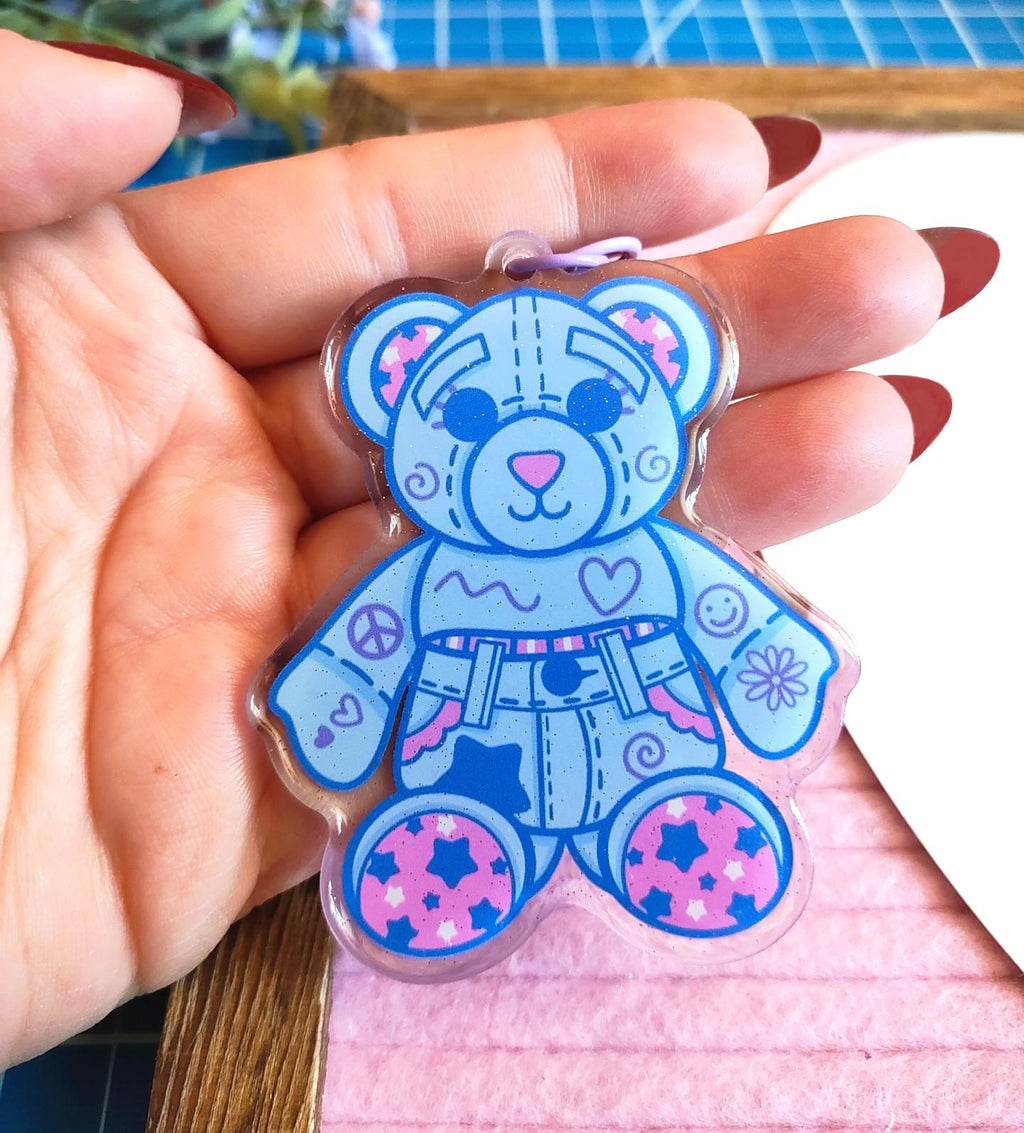 Blue Doodle Bear Acrylic Keychain | Glitter Epoxy Charm | Kawaii Ita Bag Accessory