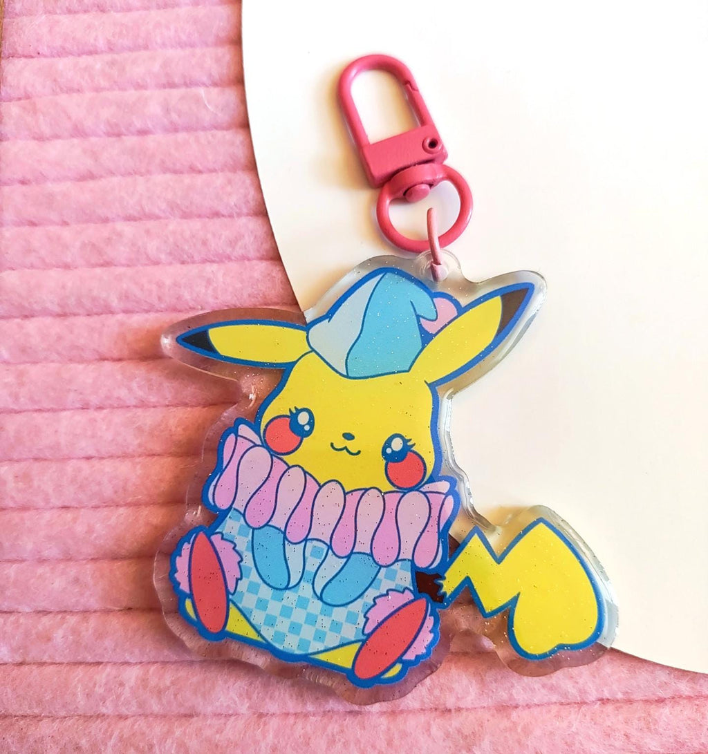 Pikachu Clown Acrylic Keychain | Double-Sided Glitter Epoxy Charm (2.75 Inch)