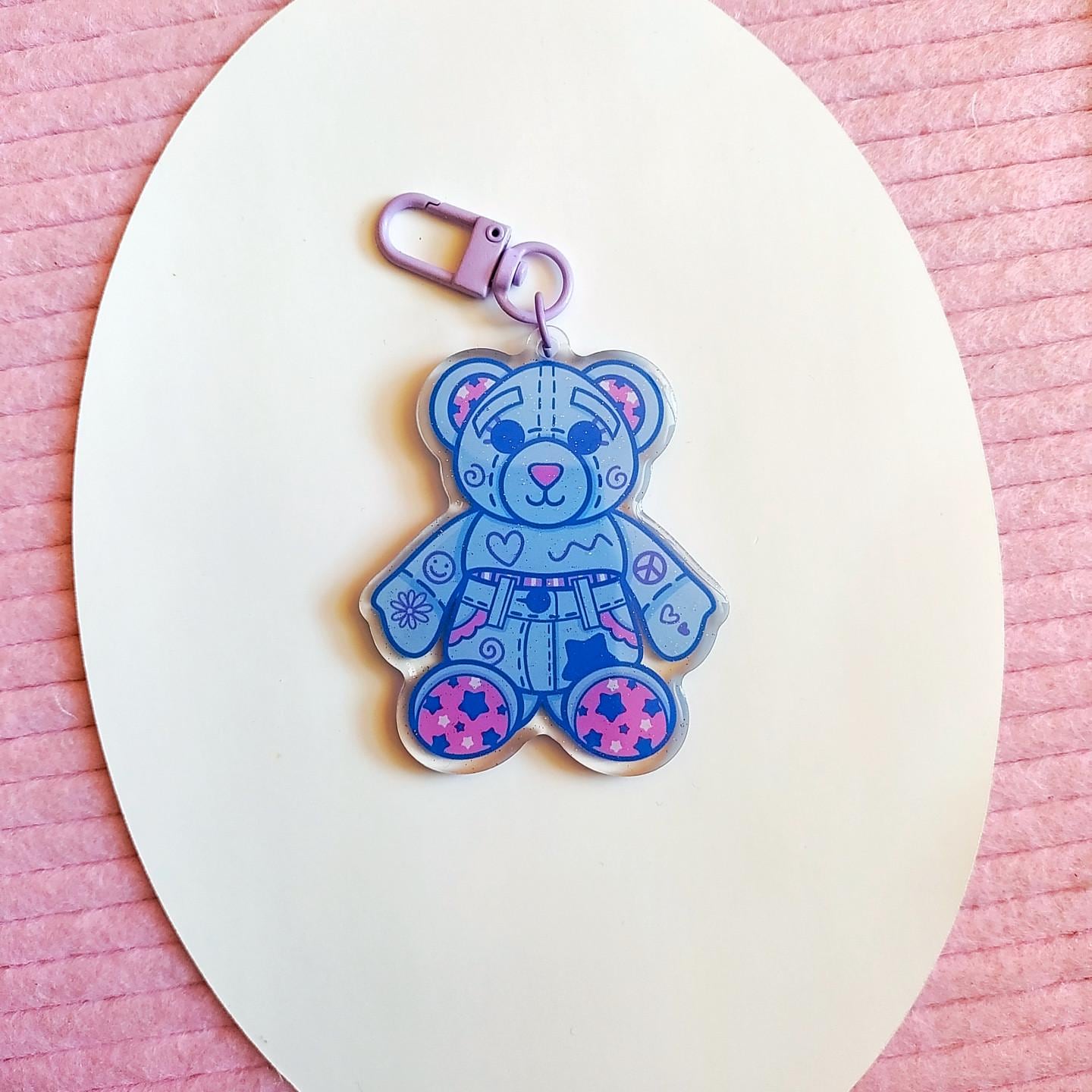 Blue Doodle Bear Acrylic Keychain | Glitter Epoxy Charm | Kawaii Ita Bag Accessory