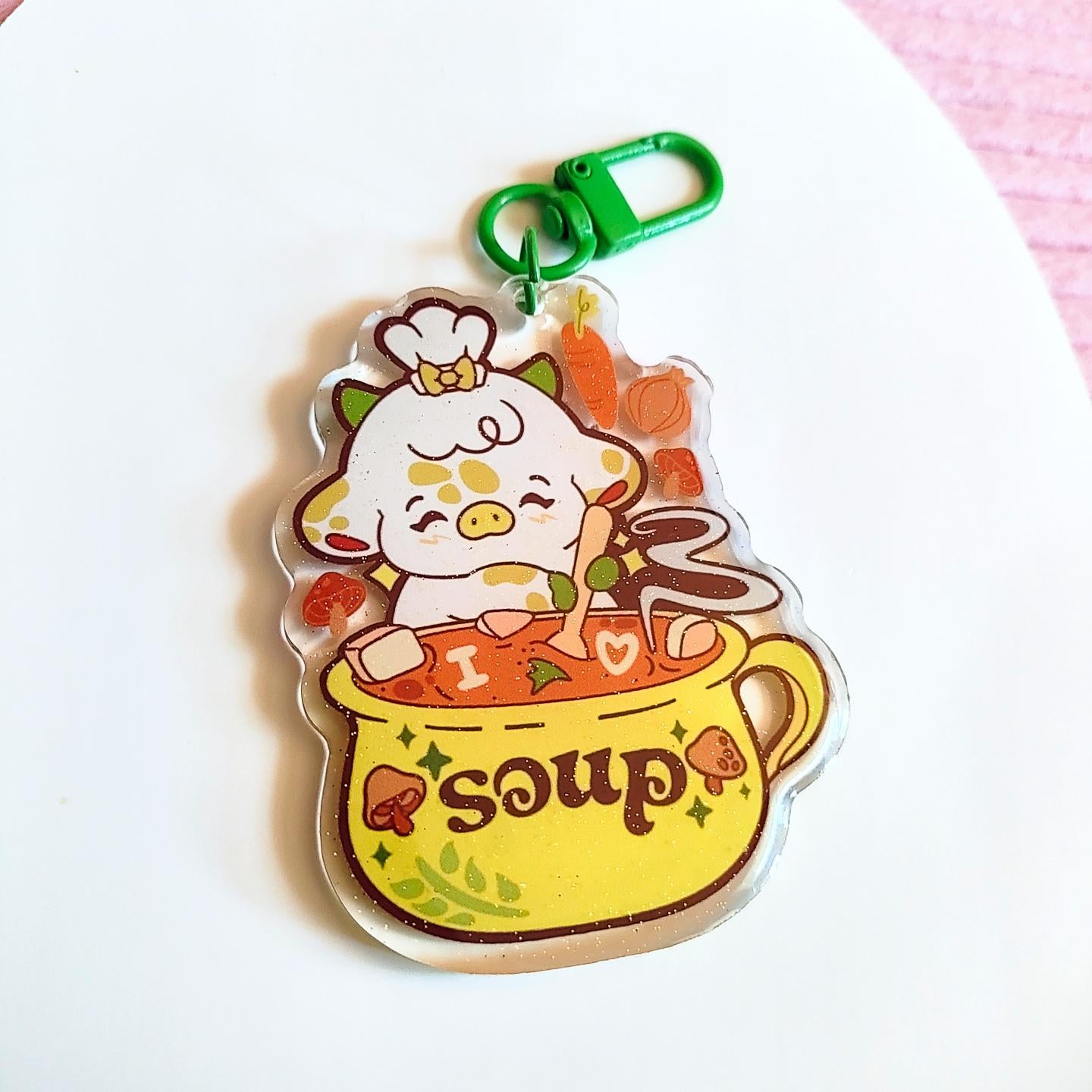 I Love Soup Cow Keychain | Glitter Epoxy Charm, Cozy Food Lover Accessory