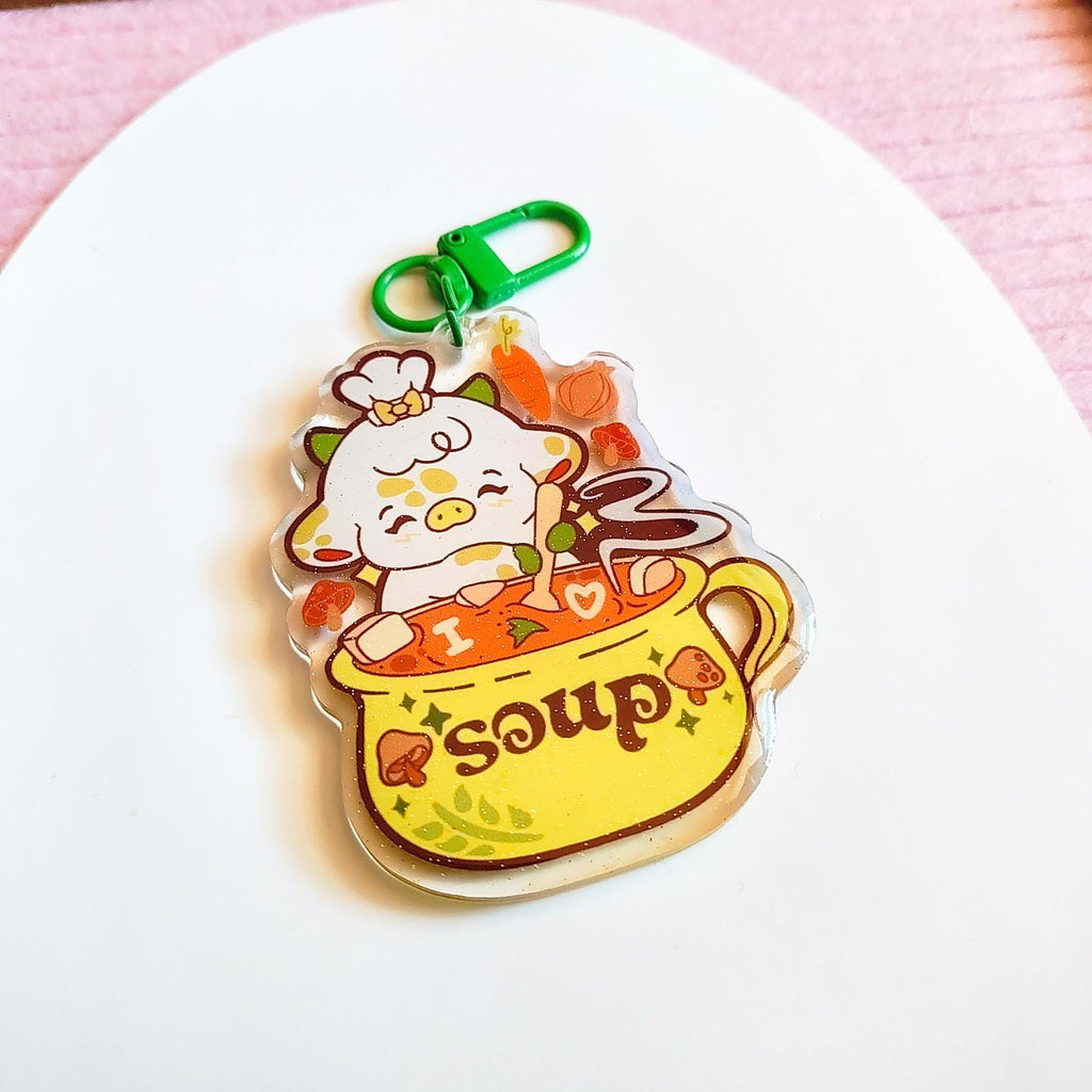 I Love Soup Cow Keychain | Glitter Epoxy Charm, Cozy Food Lover Accessory
