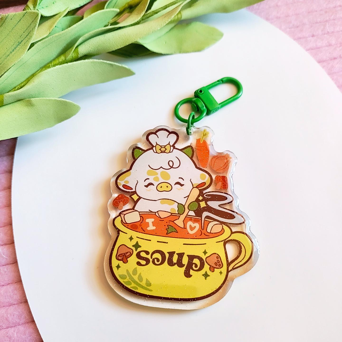 I Love Soup Cow Keychain | Glitter Epoxy Charm, Cozy Food Lover Accessory
