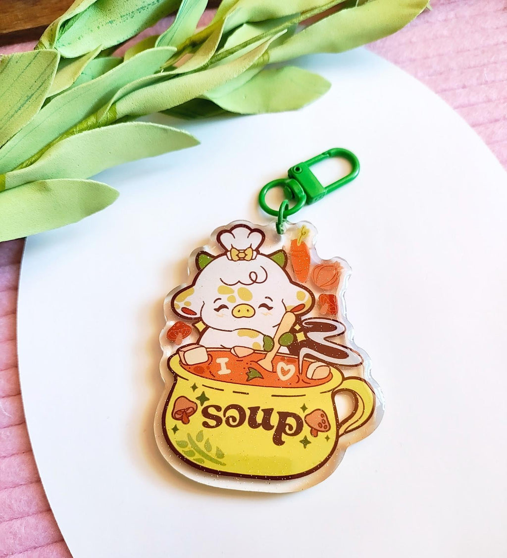 I Love Soup Cow Keychain | Glitter Epoxy Charm, Cozy Food Lover Accessory