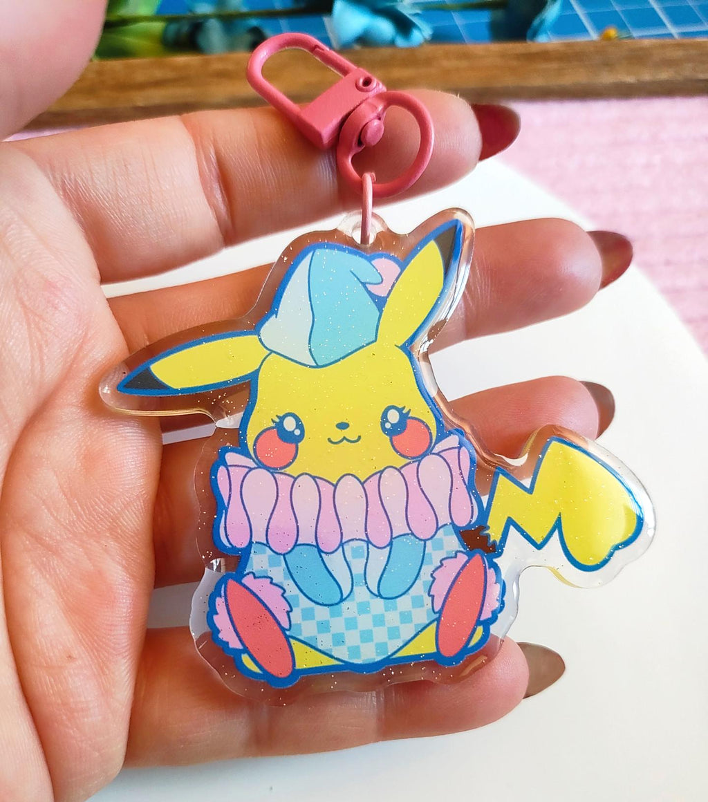 Pikachu Clown Acrylic Keychain | Double-Sided Glitter Epoxy Charm (2.75 Inch)